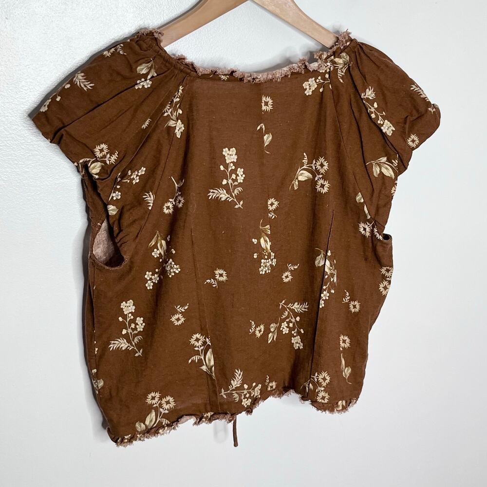 Anthropologie Brown Floral Linen Cotton Tie Front Puff Sleeve Crop Top M - Picture 8 of 11